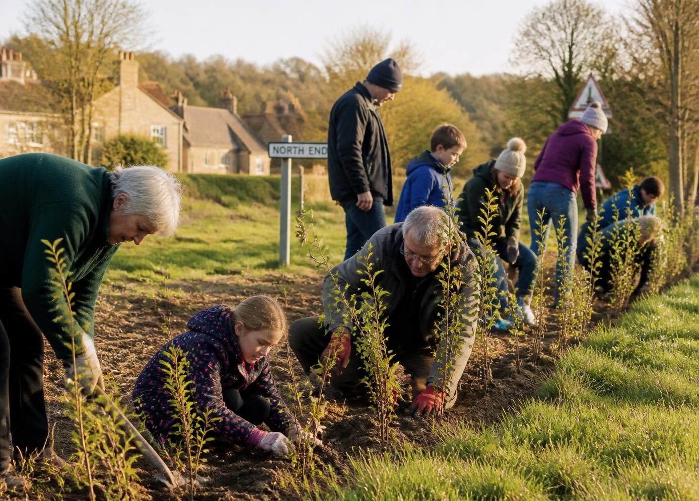 Menschen unterschiedlichen Alters pflanzen gemeinsam eine Hecke am Dorfrand