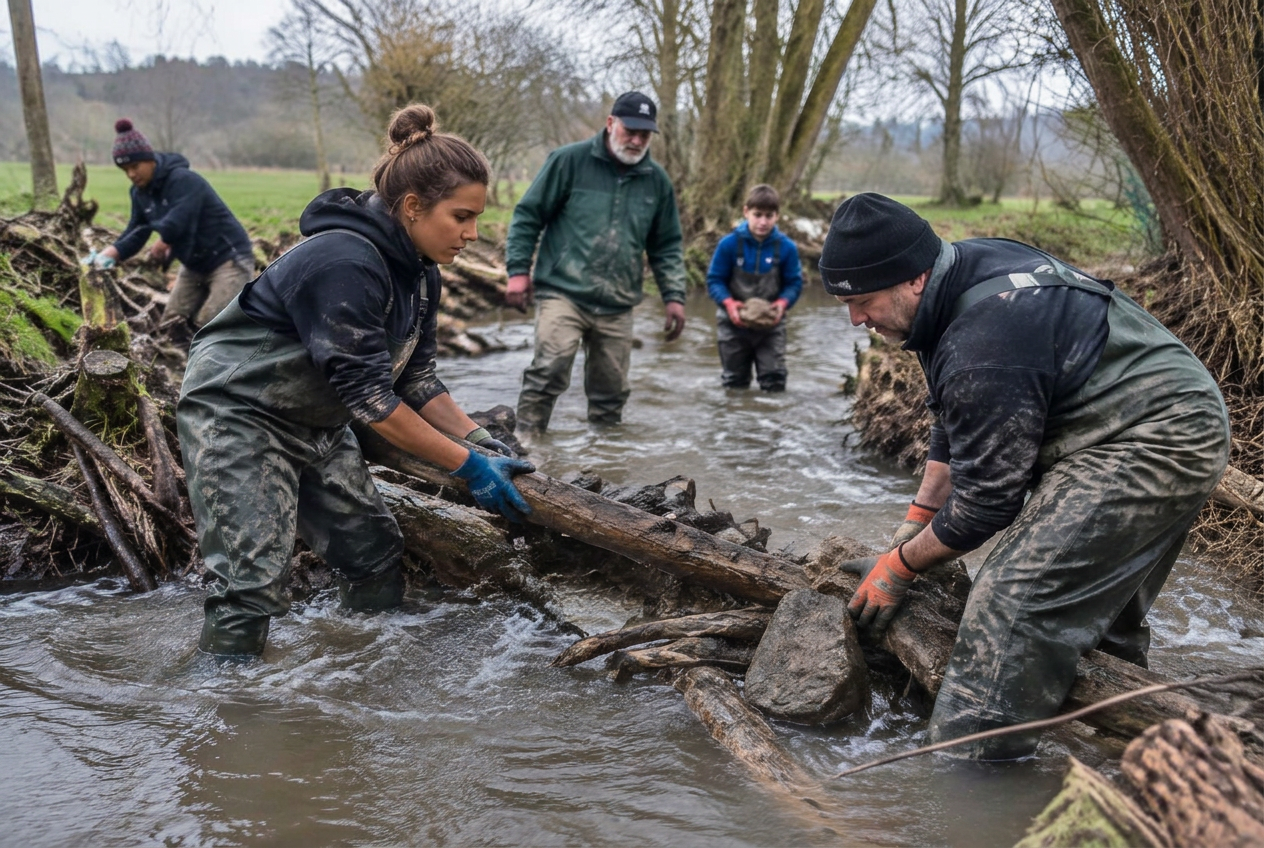 Menschen renaturieren gemeinsam einen Bachlauf und schaffen neue Lebensräume am Wasser