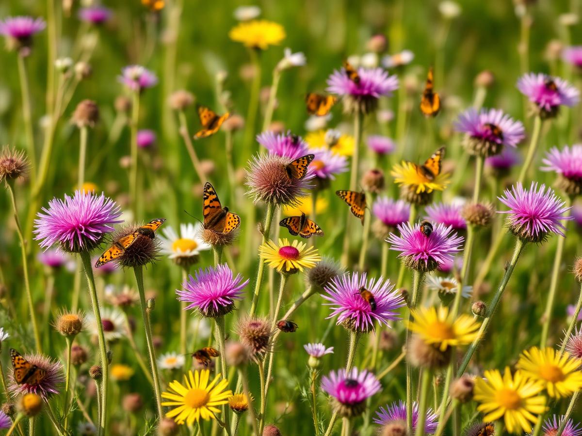 Blumenwiese mit Disteln, Schmetterlingen und Käfern