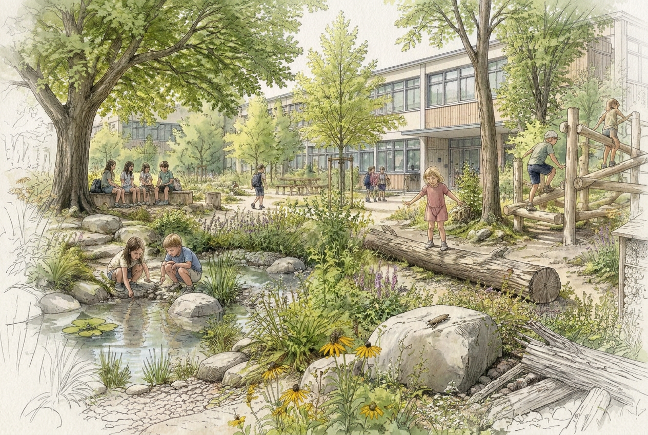 Illustration eines naturnahen Schulhofs mit großen Bäumen, Regenmulde, Wildpflanzen, Naturmaterialien und spielenden Kindern