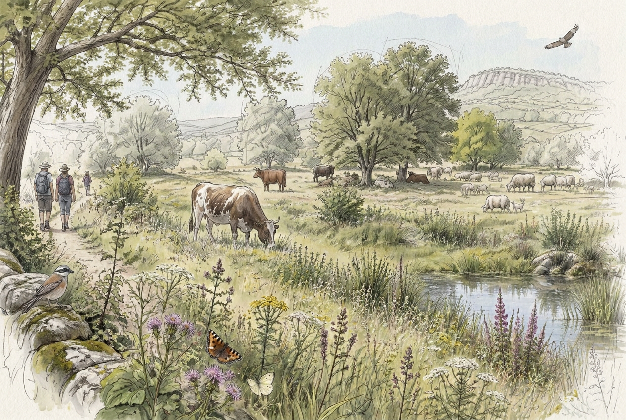 Illustration einer artenreichen wilden Weide mit Rindern, Schafen, alten Bäumen, Wildblumen und Spaziergänger:innen